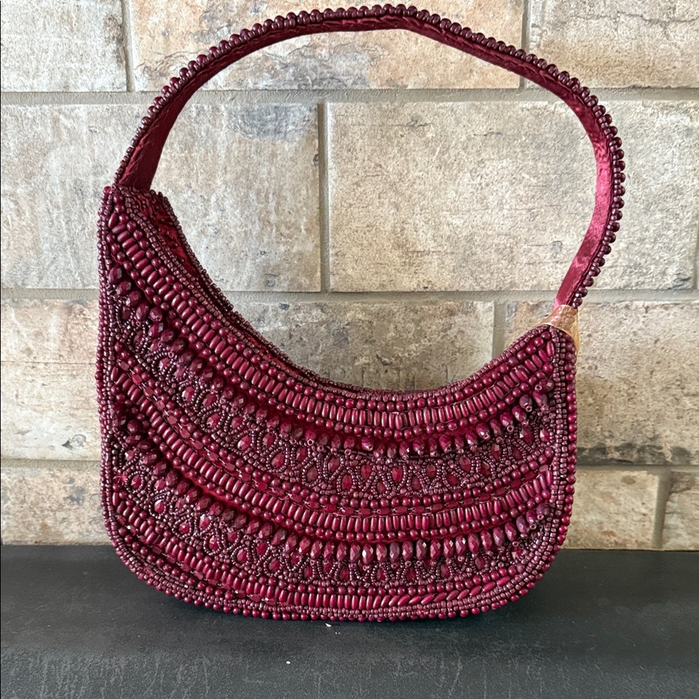 Beaded Shoulder Bag in Burgundy